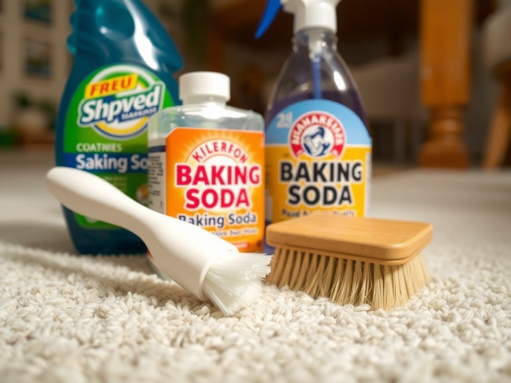 Cận cảnh dụng cụ làm sạch thảm với baking soda.