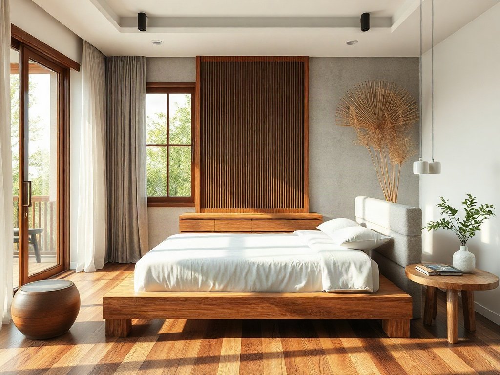 Phòng ngủ Việt Nam thanh lịch với giường gỗ tự nhiên.