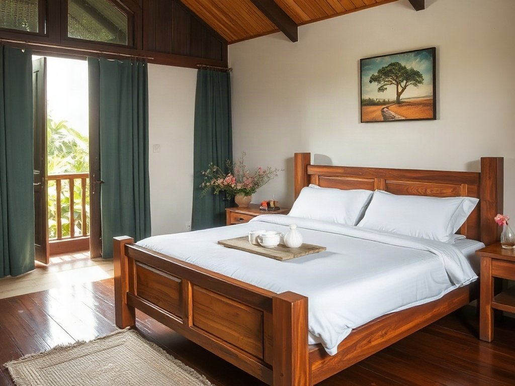 Giường gỗ mộc mạc trong không gian Việt Nam