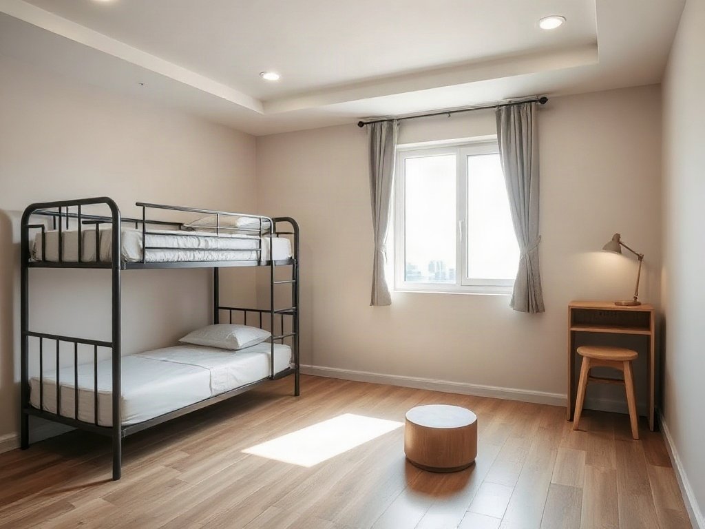 Giường tầng kim loại tối giản trong phòng ánh sáng nhẹ nhàng tại Việt Nam