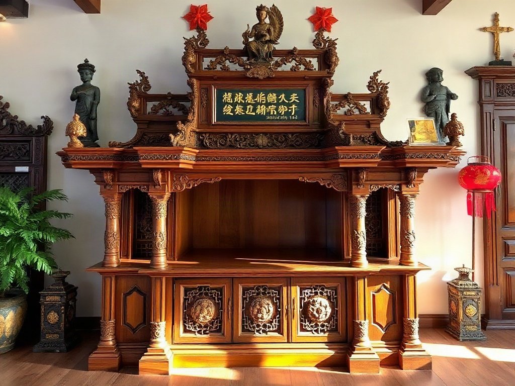 Bàn thờ gỗ được chạm khắc tinh xảo, trang trí theo phong cách Việt Nam.