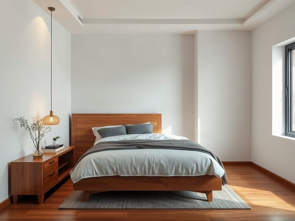 Phòng ngủ hiện đại với giường gỗ, ánh sáng tự nhiên