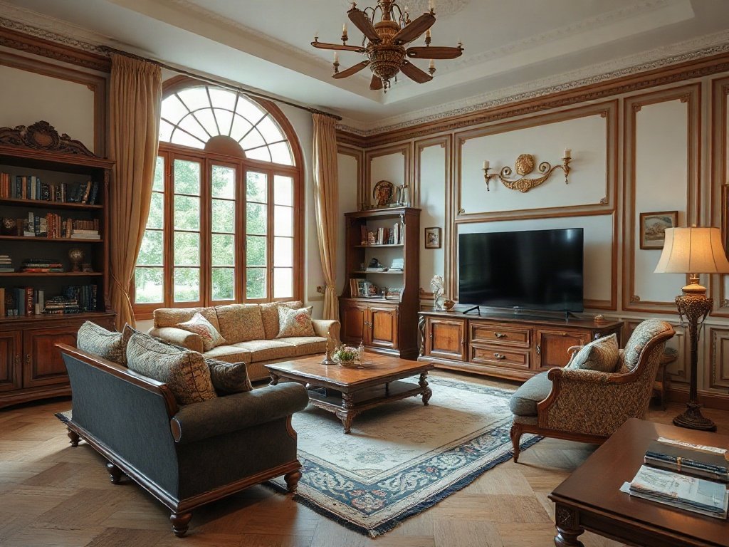 Phòng khách rộng rãi với nội thất gỗ và tivi lớn, cửa sổ phong cách Paris.