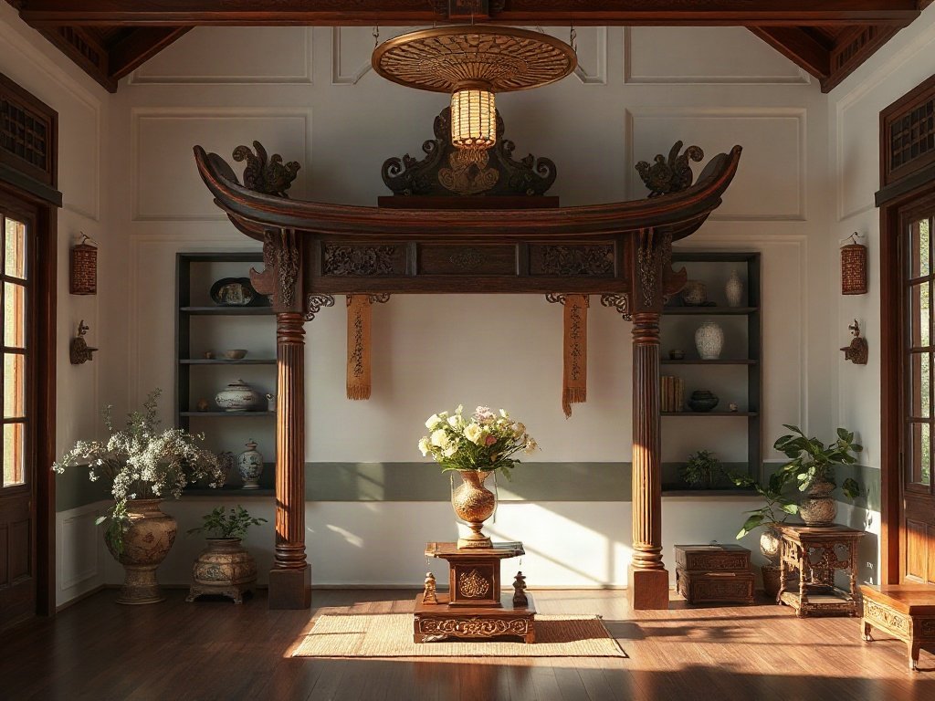 Nội thất với bàn thờ gỗ là trung tâm của ngôi nhà Việt.