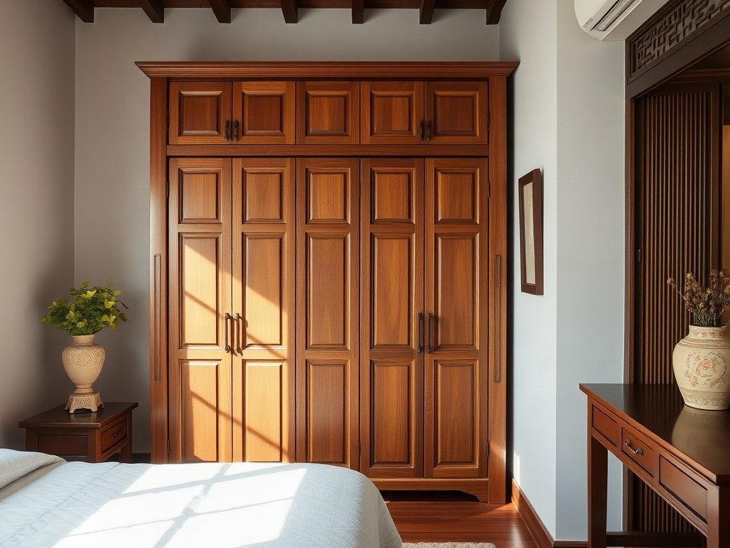 Tủ quần áo gỗ truyền thống Việt Nam gọn gàng.