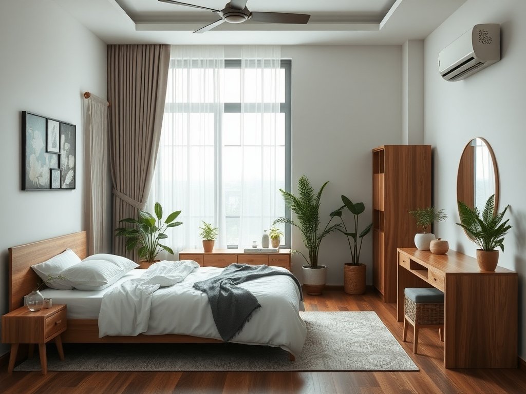 Phòng ngủ ở Việt Nam với nội thất gỗ tự nhiên và cây xanh