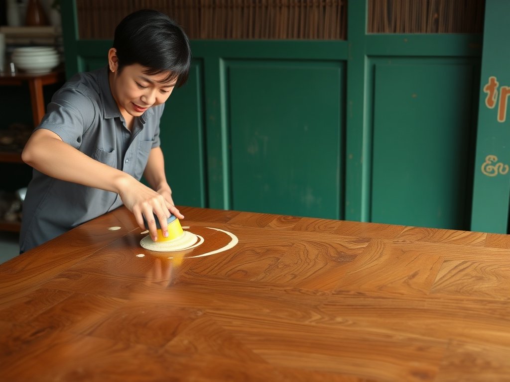 Người Việt Nam đánh bóng bàn gỗ cẩm lai.