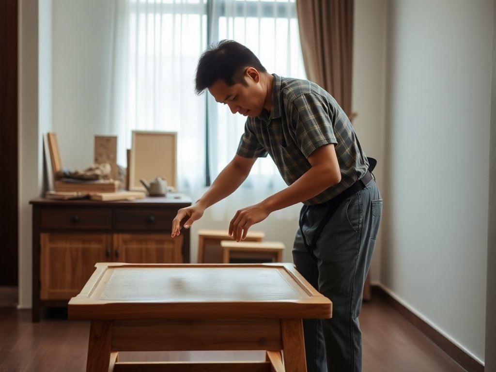 Nghệ nhân Việt Nam chuẩn bị bàn gỗ để sơn trong căn hộ hiện đại.
