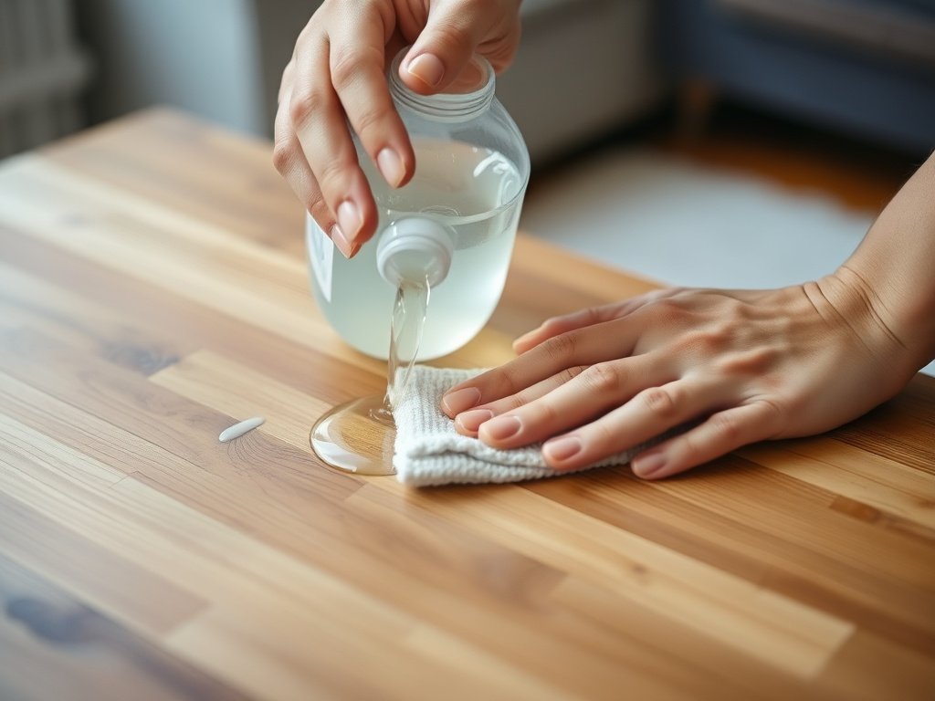 Cận cảnh tay dùng dung dịch giấm để lau bàn cà phê gỗ.