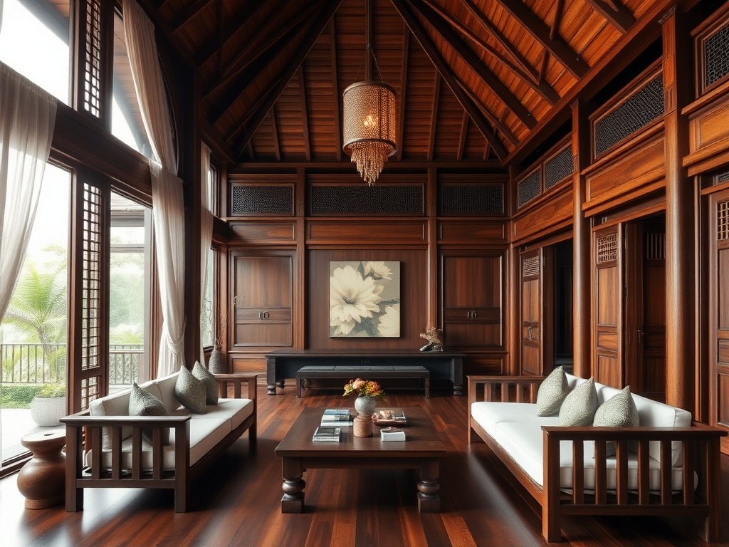 Biệt thự Việt Nam với nội thất gỗ sang trọng.