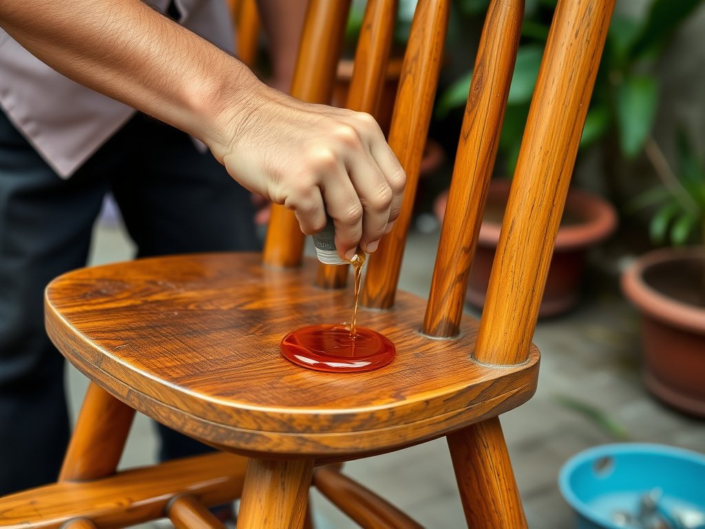 Người Việt đang thoa dầu lên ghế gỗ ngoài trời