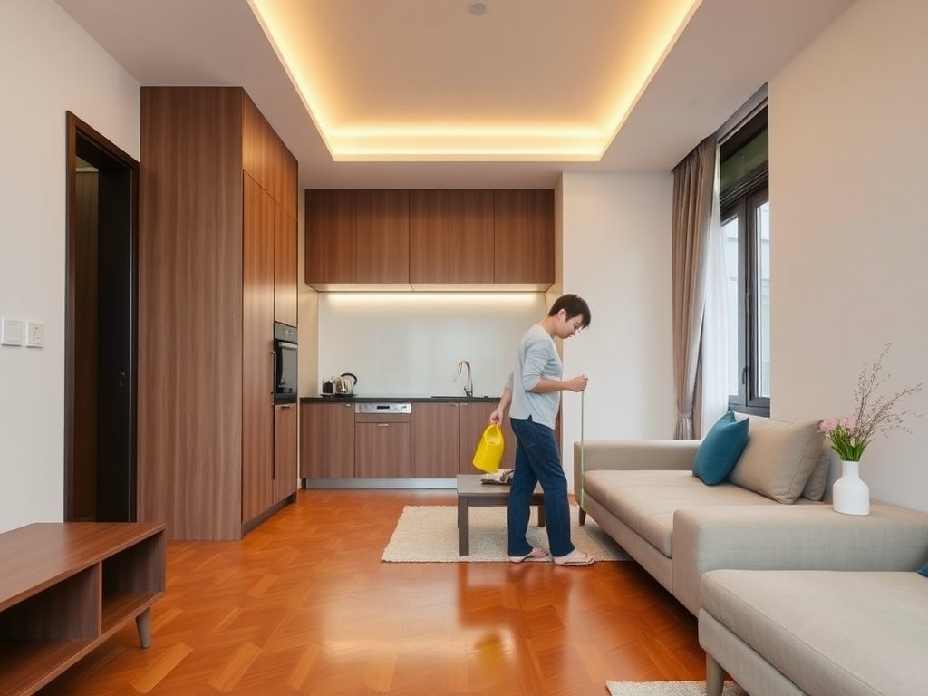 Căn hộ Việt Nam hiện đại với sàn gỗ và người dọn dẹp bằng dung dịch chanh