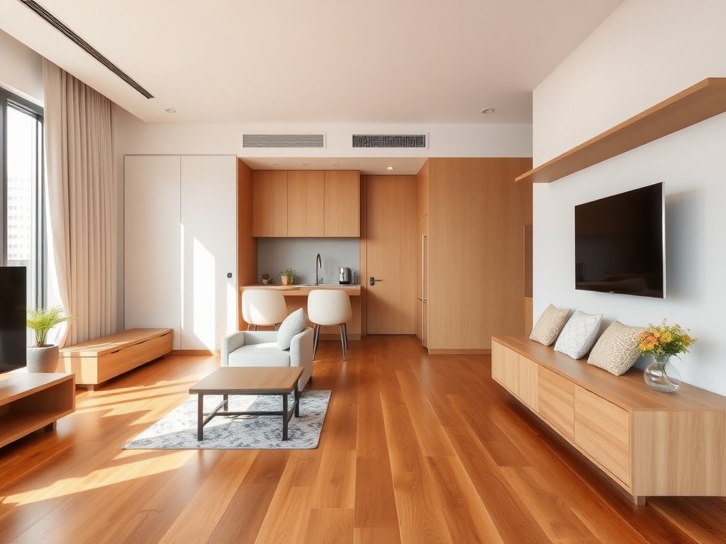 Căn hộ hiện đại với sàn gỗ teak bóng loáng.