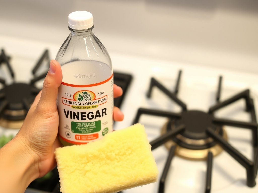 Tay cầm miếng bọt biển bên cạnh chai giấm, sẵn sàng làm sạch bếp.