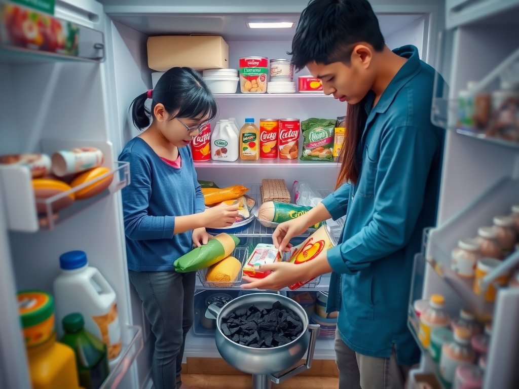 Gia đình Việt sắp xếp thực phẩm trong tủ với bát than.