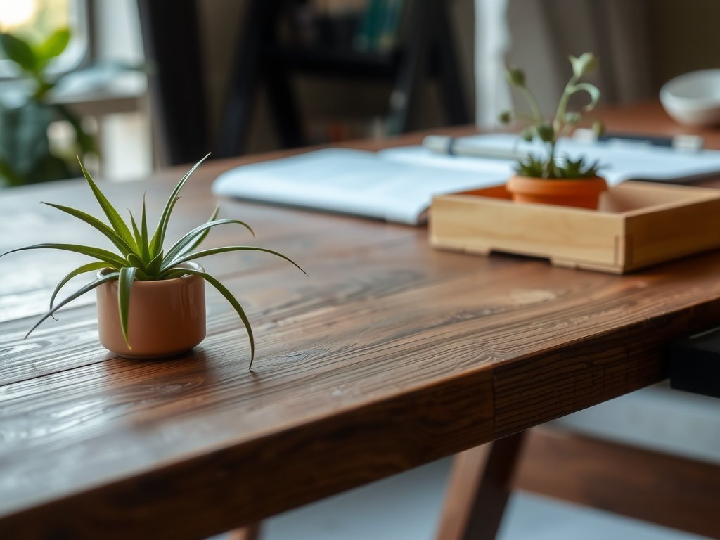 Chi tiết bàn gỗ với trang trí cây cảnh tự nhiên.