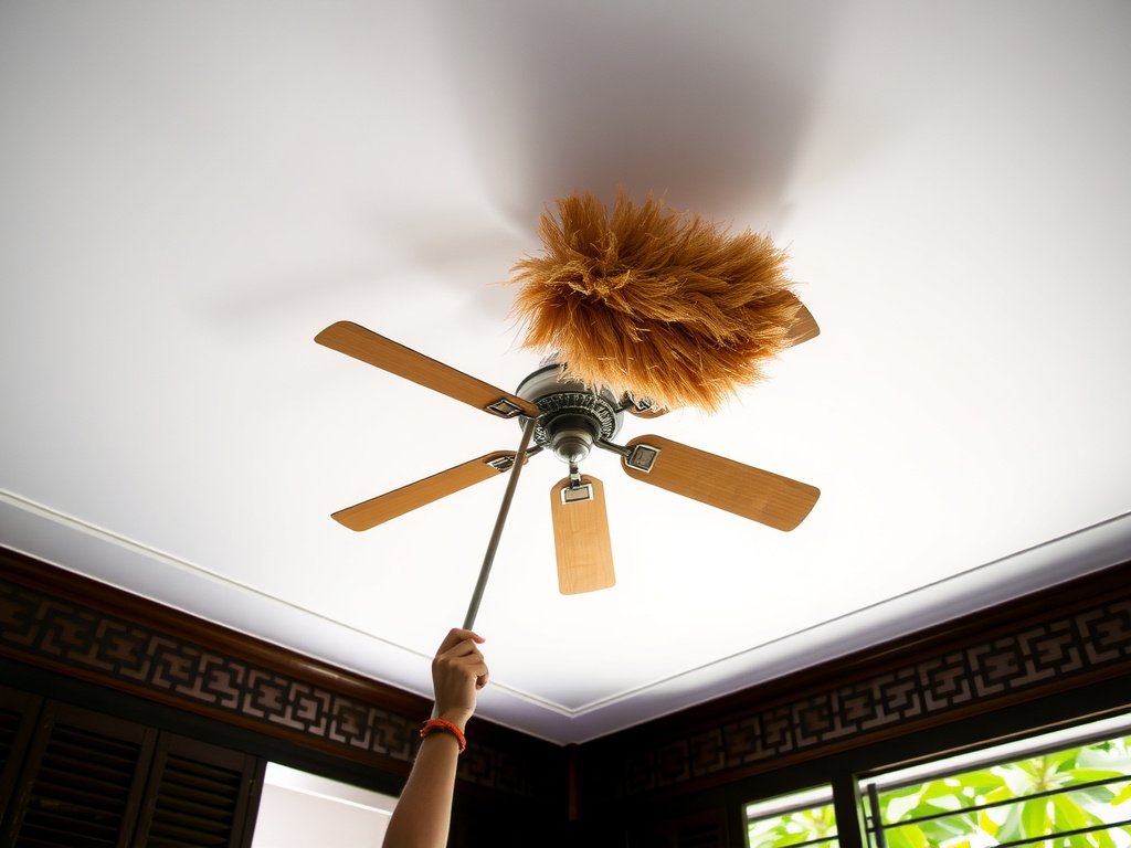 Người dùng chổi lau dài để làm sạch quạt trần trong biệt thự Việt.