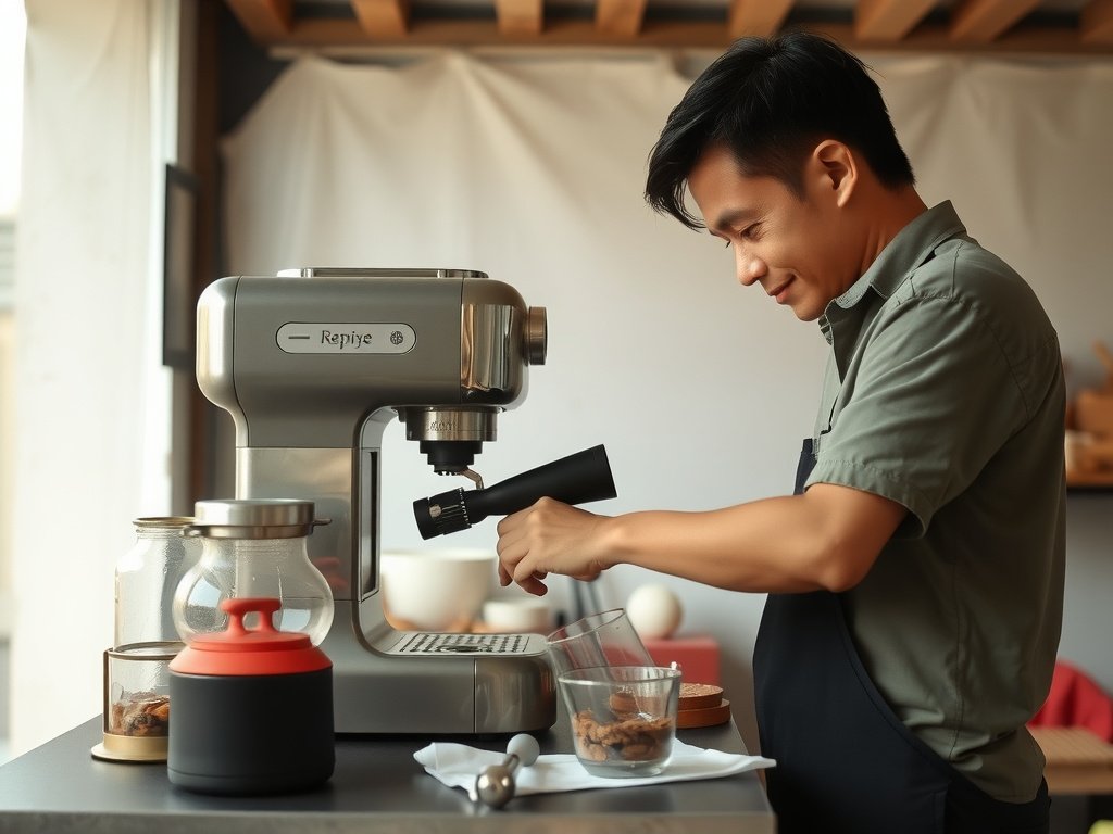 Người Việt tháo rời máy pha cà phê