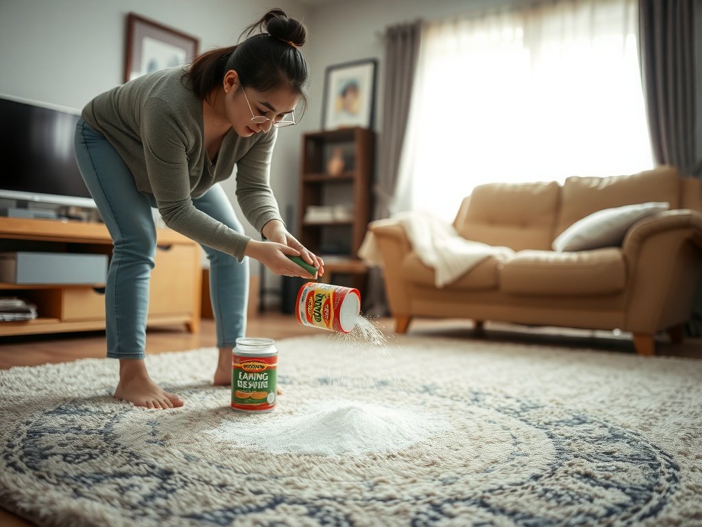 Người Việt Nam rắc baking soda lên thảm trải sàn.