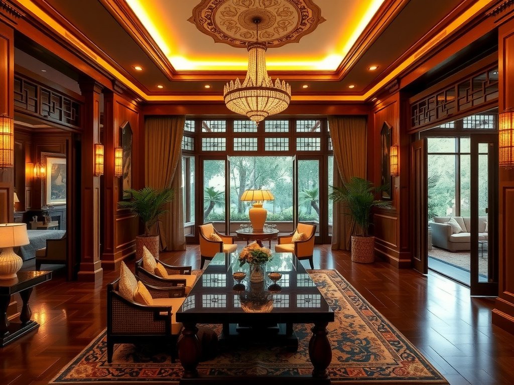 Nội thất biệt thự Việt Nam trang nhã với ánh sáng ấm áp.