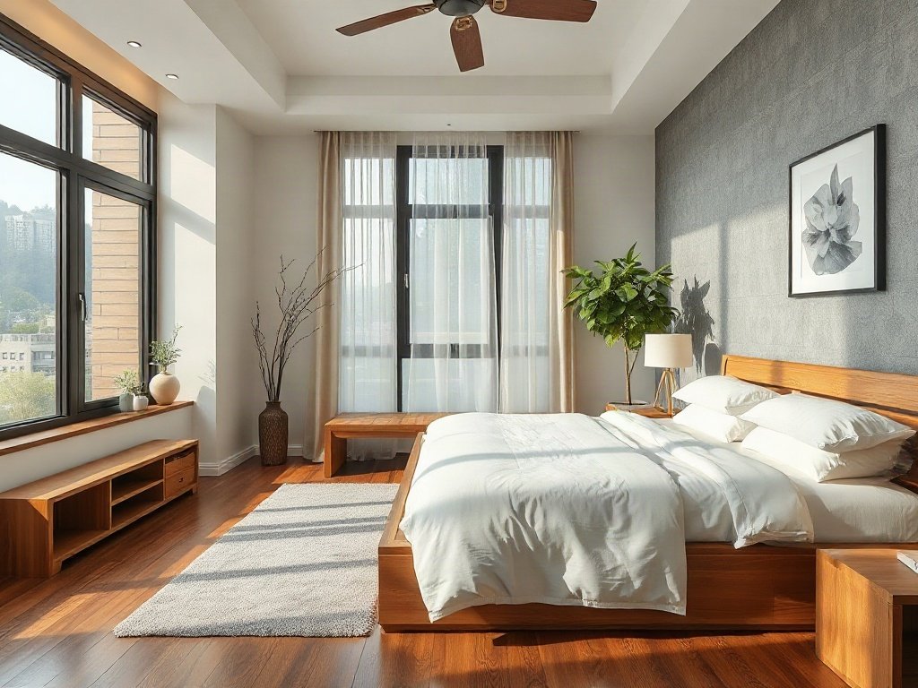 Phòng hiện đại Việt Nam với giường gỗ, ánh sáng tự nhiên.