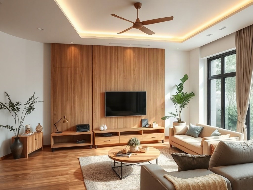 Phòng khách rộng rãi với kệ tivi gỗ lớn