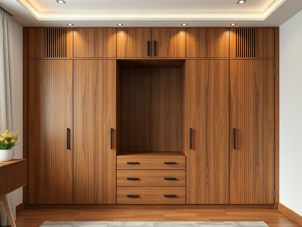Tủ quần áo mở với vân gỗ tự nhiên