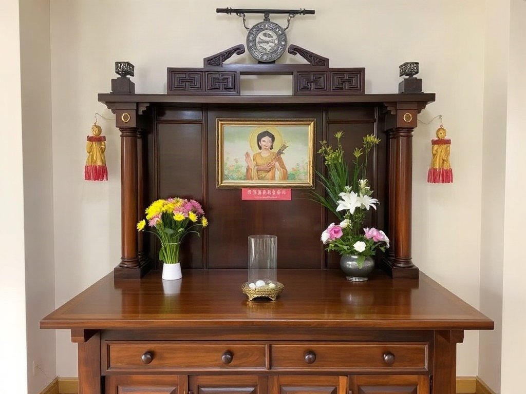 Bàn thờ gỗ duy trì tốt, có hoa tươi và nhang.
