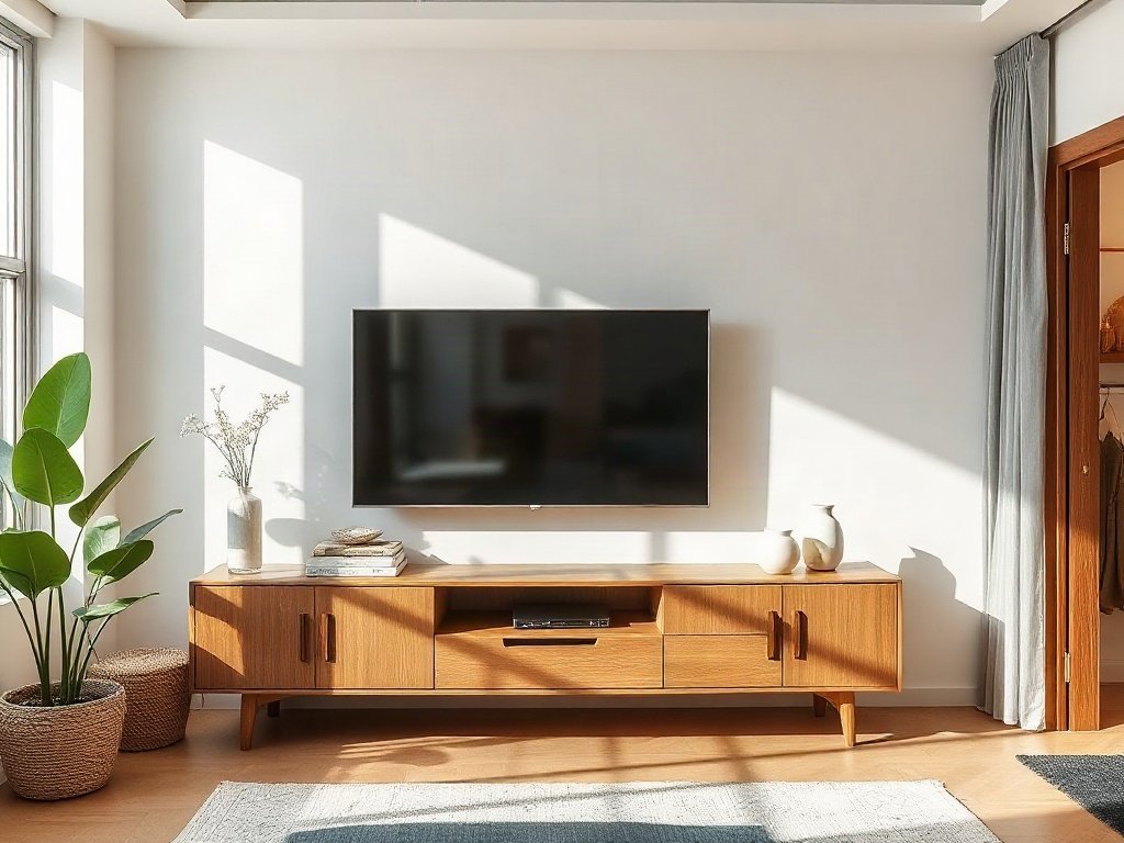 Tủ kệ tivi gỗ tinh tế trong căn nhà Việt, ánh sáng tự nhiên chiếu rọi
