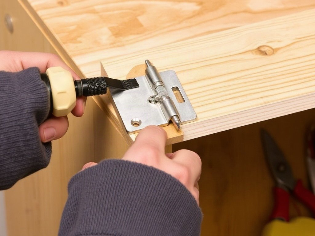 Nhân viên đang sửa bản lề tủ