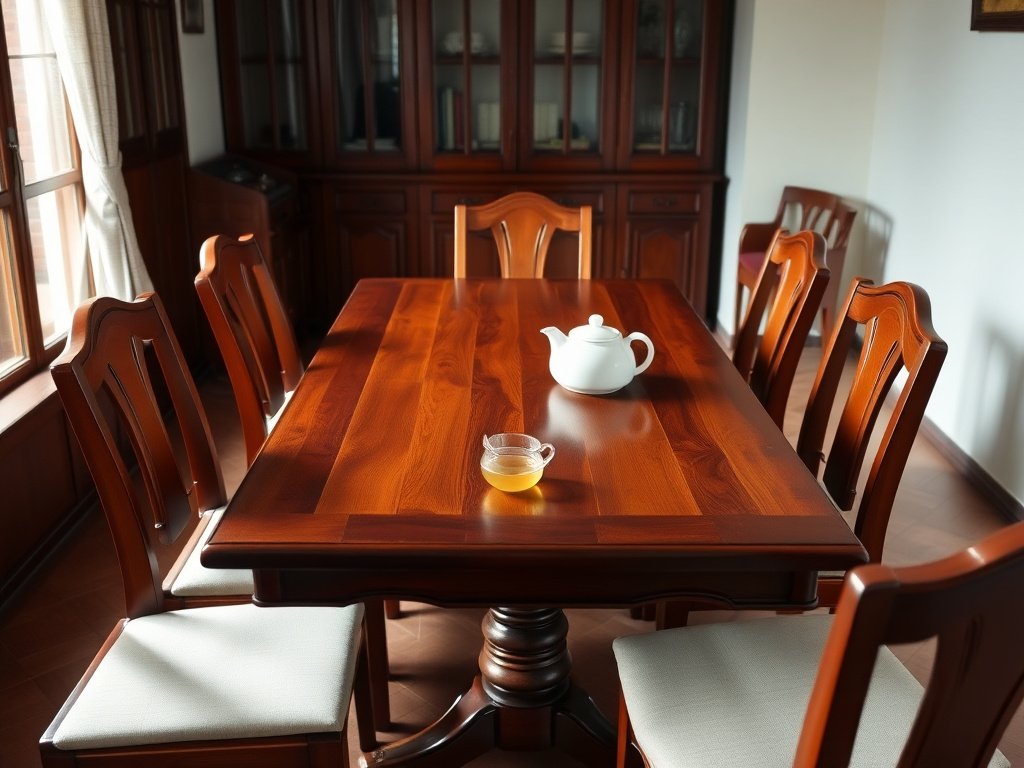 Bàn ăn gỗ được bảo quản tốt trong nhà Việt, với ấm trà xanh nhỏ.