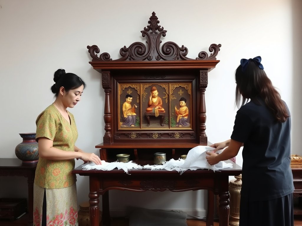 Gần cảnh nghệ nhân Việt Nam đánh bóng tượng Phật gỗ.