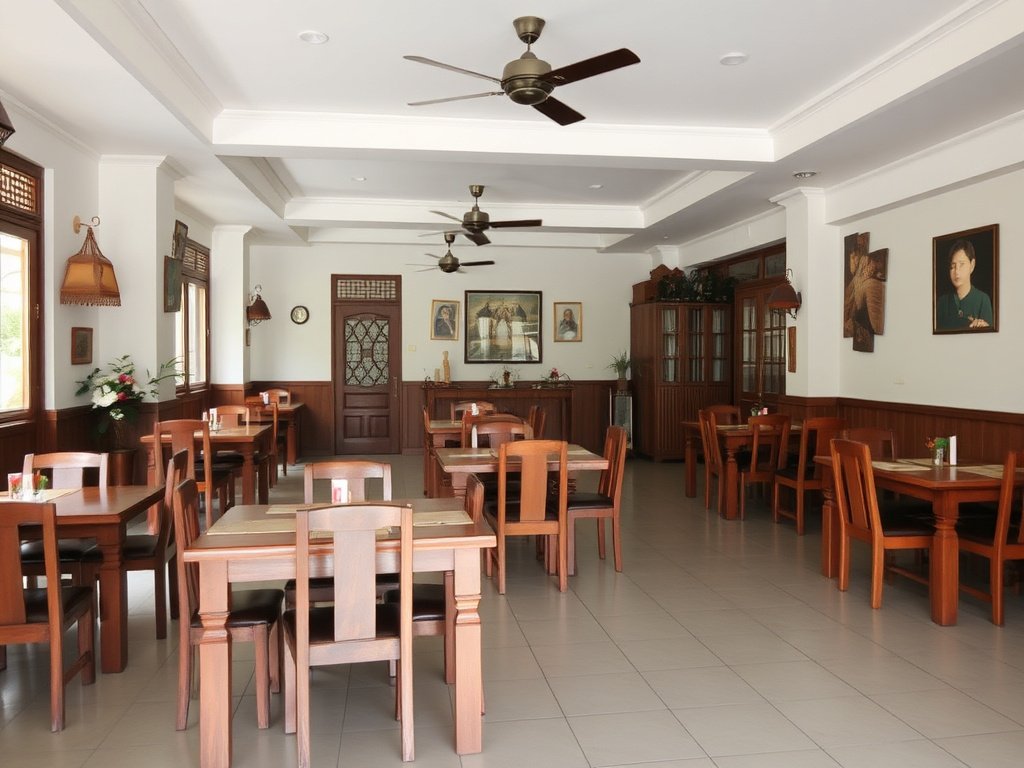 Khu vực ăn uống rộng rãi với đồ gỗ mới sơn tại Việt Nam.