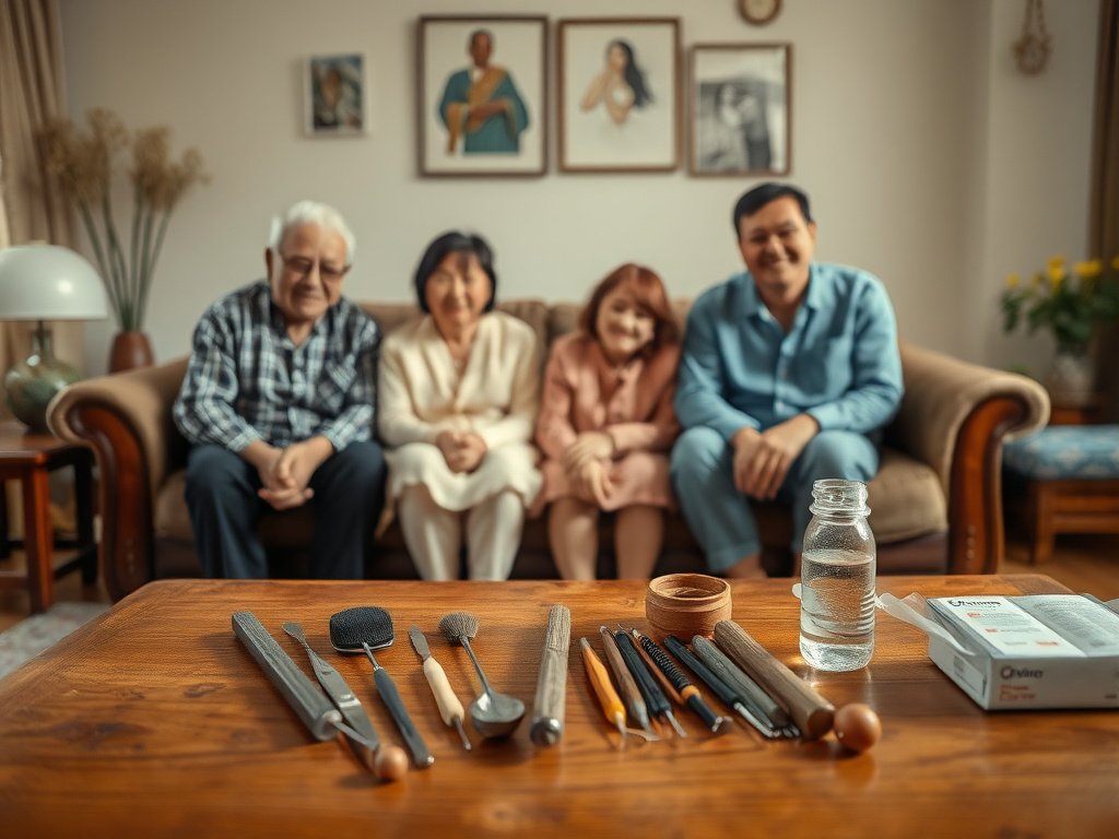 Phòng khách gia đình Việt với dụng cụ làm sạch kẹo trên bàn gỗ.
