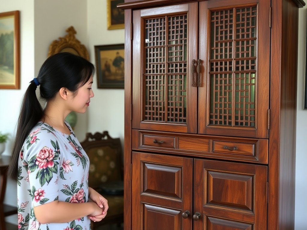 Phụ nữ Việt đang ngắm nhìn tủ gỗ phục hồi trong nhà.