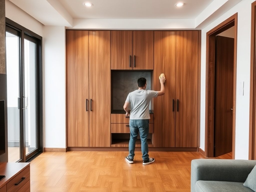 Căn hộ Việt Nam hiện đại có tủ gỗ đang được làm sạch.