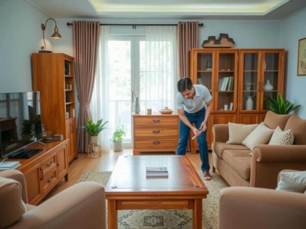 Người Việt lau chùi nội thất gỗ trong phòng khách.