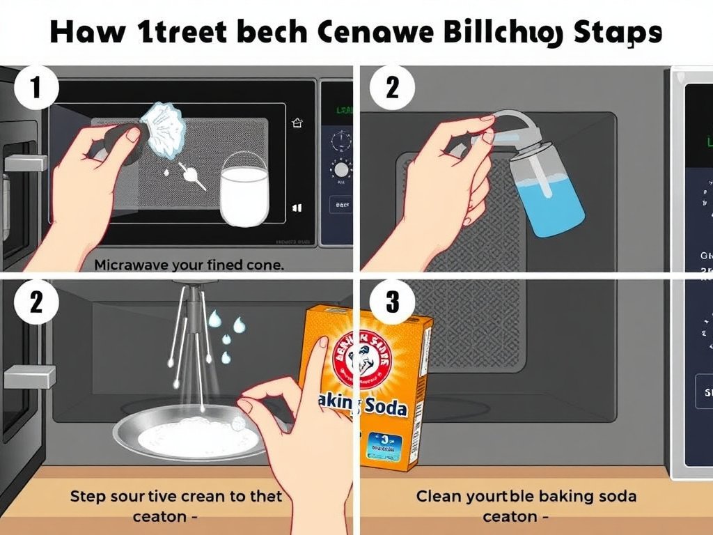 Minh họa từng bước làm sạch lò vi sóng bằng baking soda.