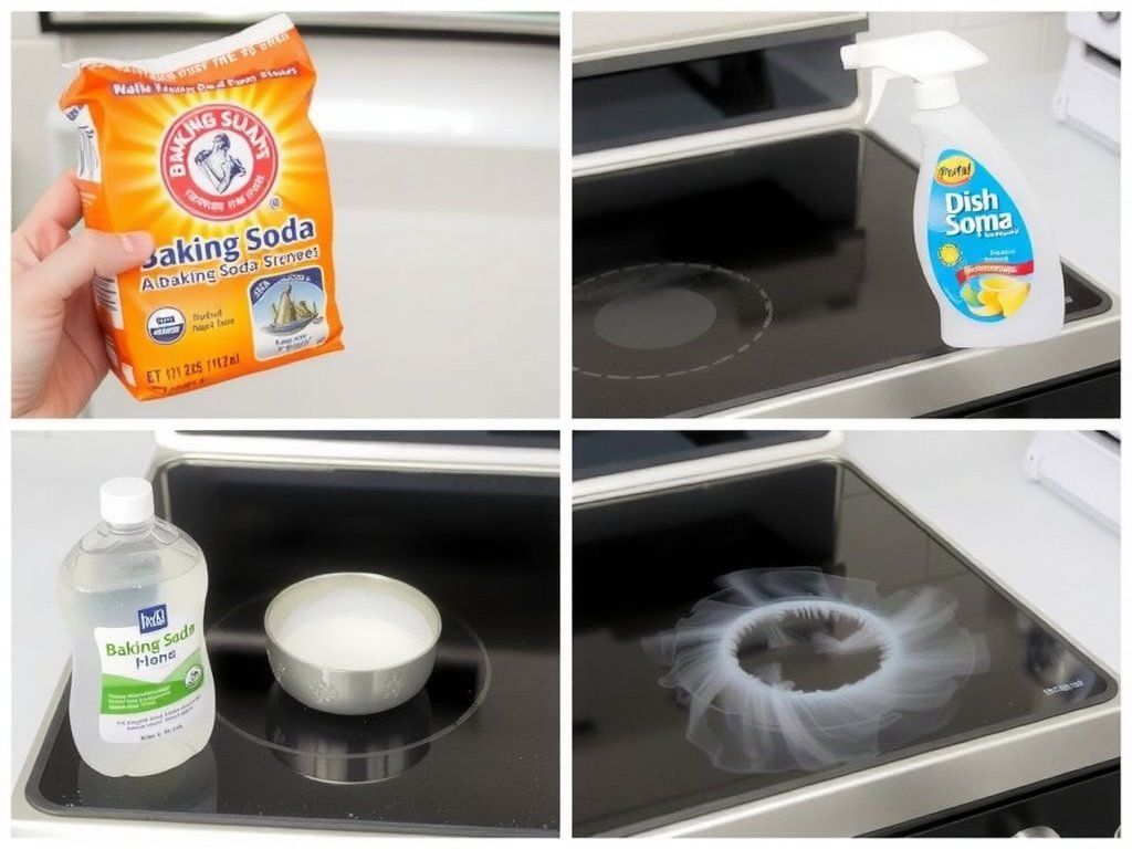 Montage hiển thị dùng baking soda và nước rửa chén để làm sạch bếp.
