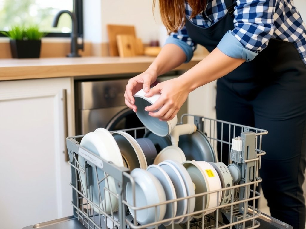 Người đang rửa các bộ phận máy rửa bát trong bếp hiện đại.