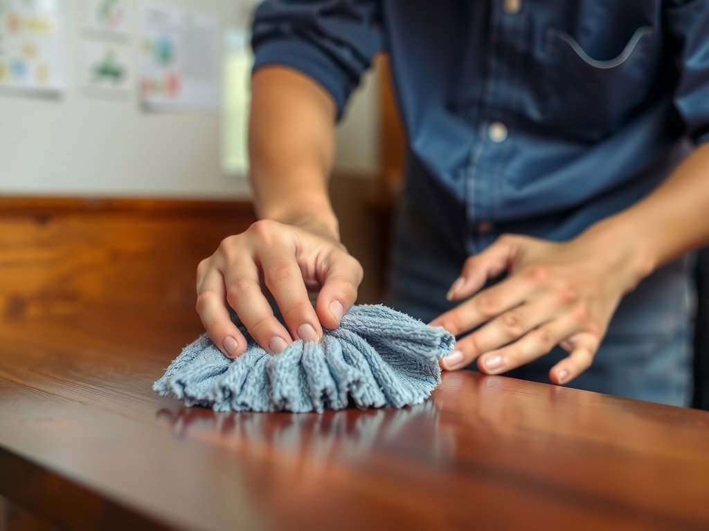 Người Việt vệ sinh bề mặt bàn gỗ.