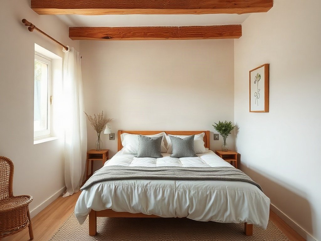 Phòng ngủ ấm cúng với giường được sắp xếp ngăn nắp