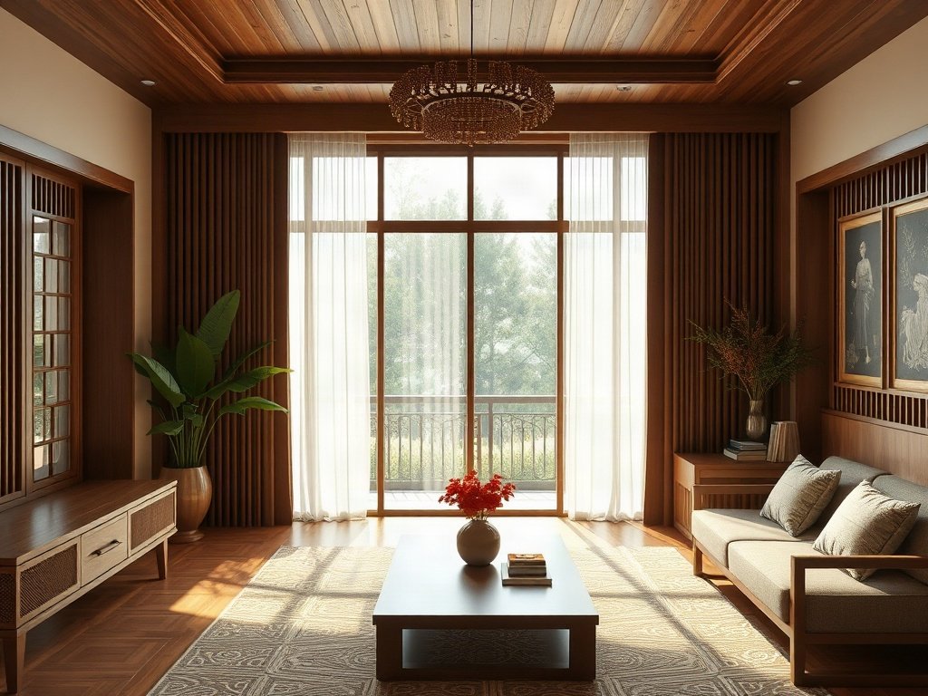 Trang trí nội thất gỗ thanh lịch với ánh sáng tự nhiên, phong cách Việt Nam