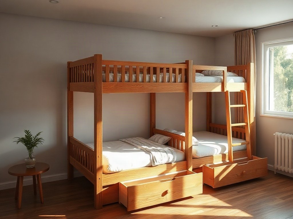 Giường tầng gỗ với ngăn kéo trong phòng ngủ hiện đại Việt Nam ánh sáng