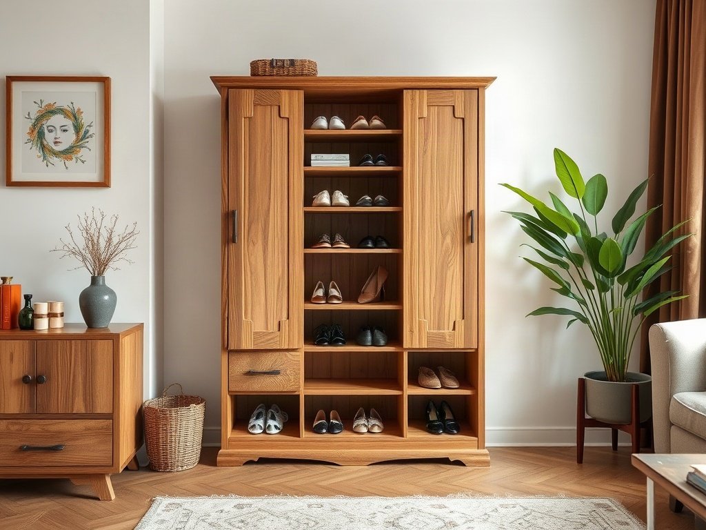 Tủ giày gỗ tự nhiên trong căn hộ ấm cúng