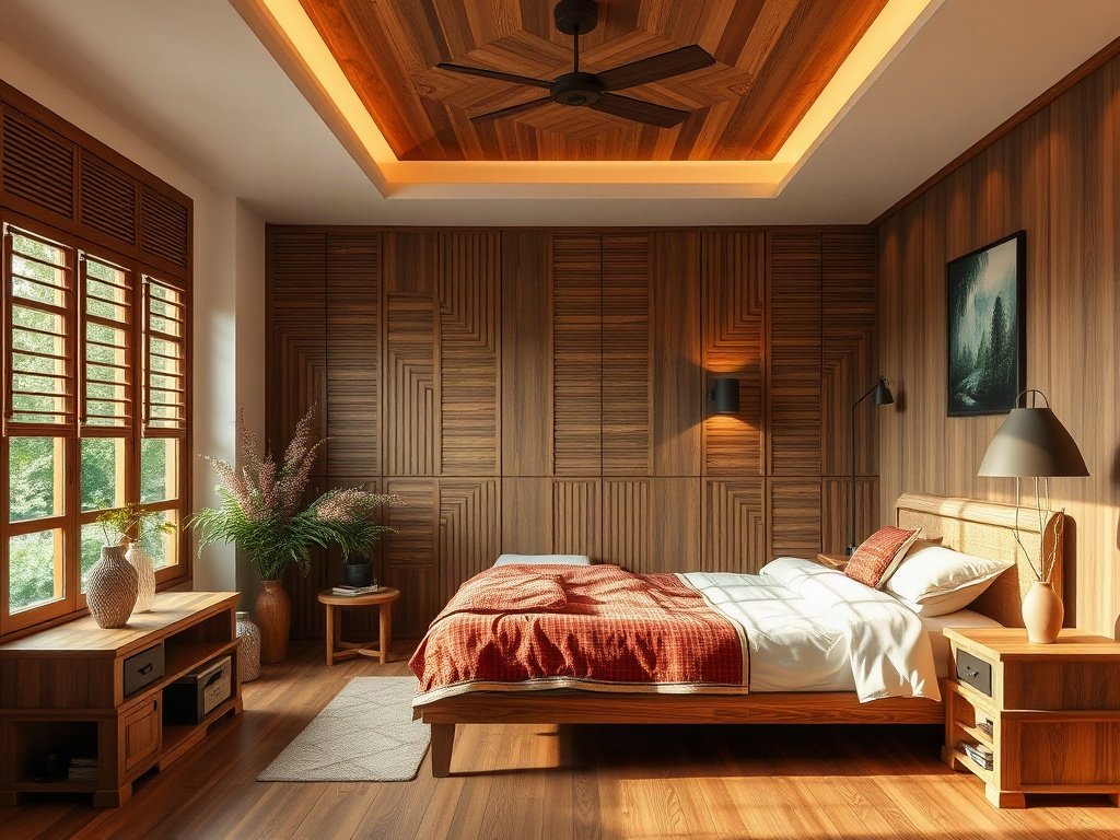 Phòng ngủ với nội thất gỗ tự nhiên, phong cách Việt