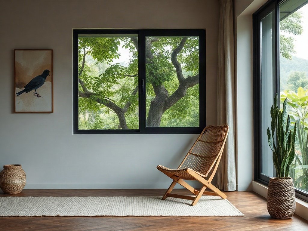 Phòng khách tối giản với ghế bố xếp nhìn ra thiên nhiên.