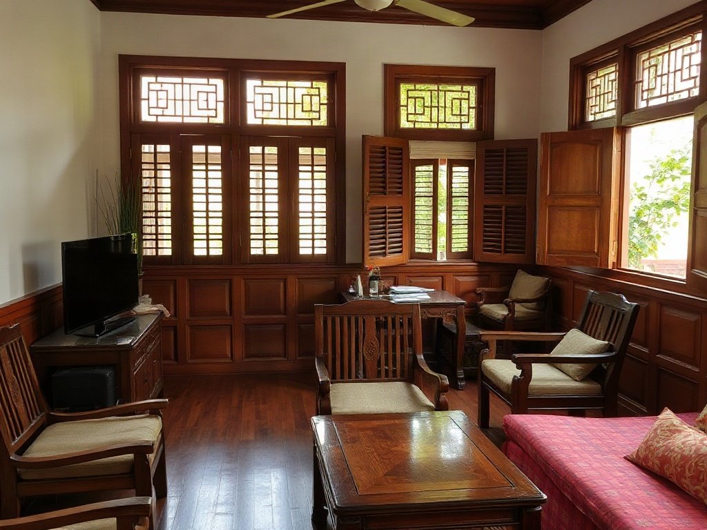 Nội thất Việt Nam truyền thống với đồ gỗ cổ, cửa sổ giấy gạo và tivi.