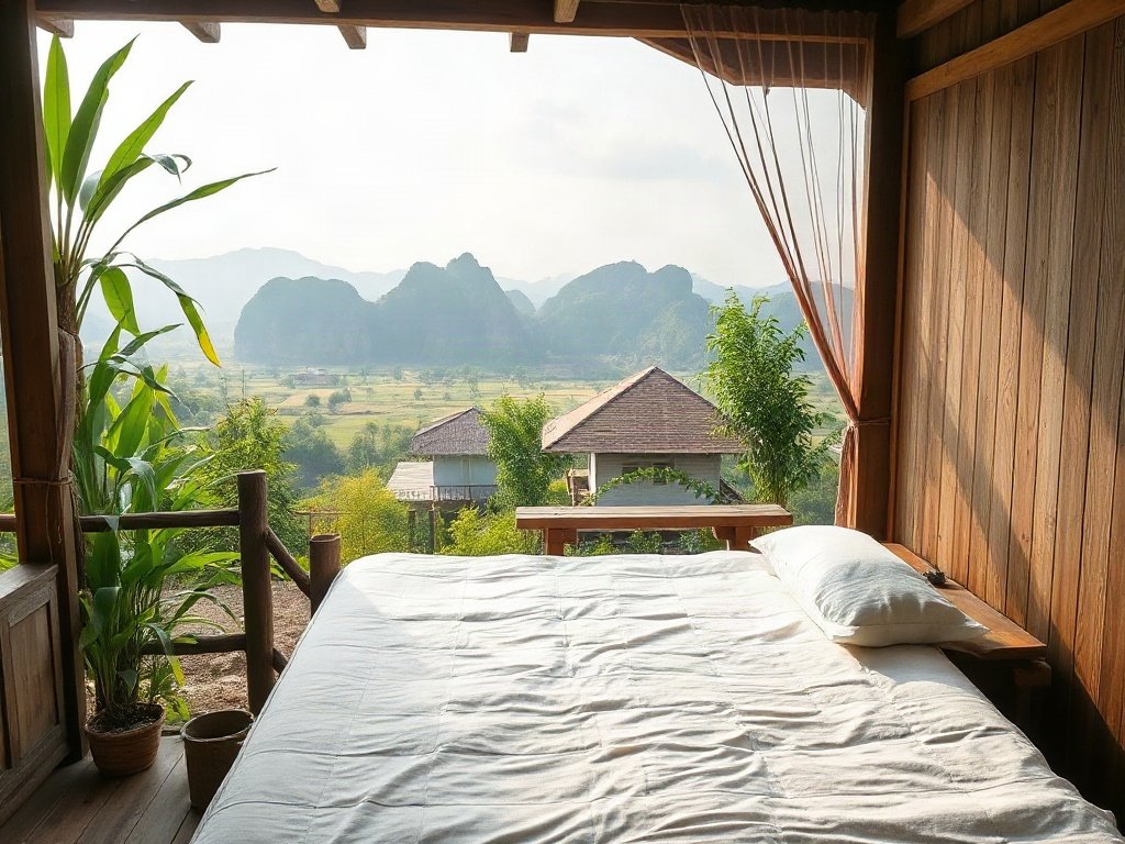 Giường gỗ mộc mạc giữa thiên nhiên Việt Nam
