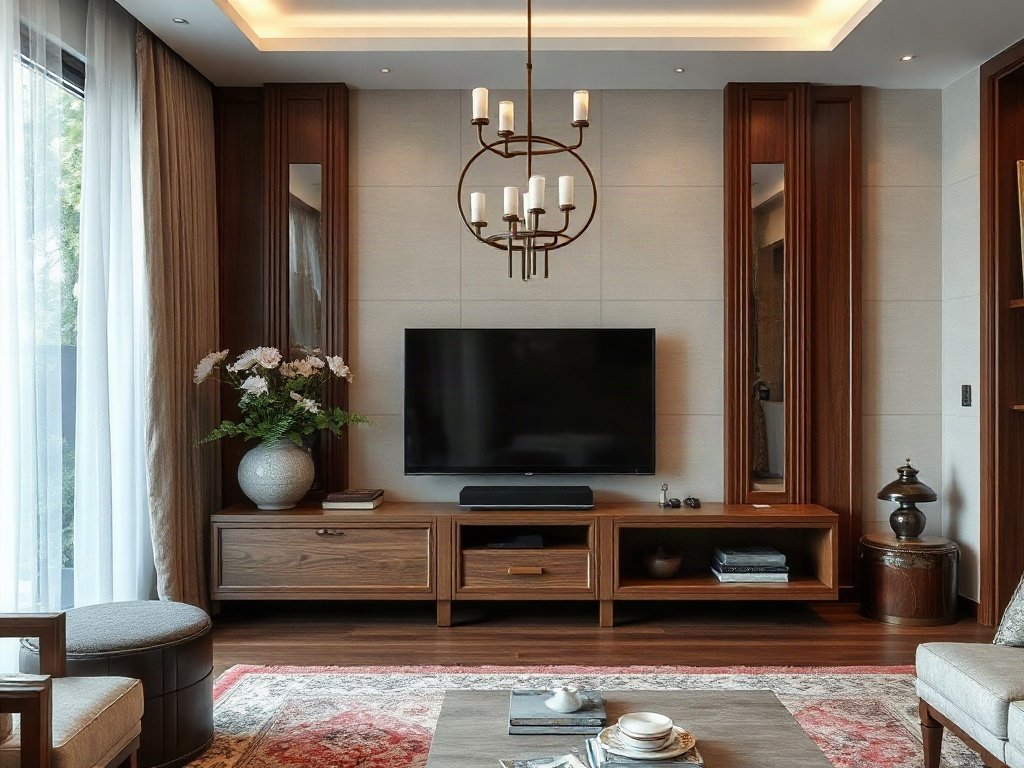 Thiết kế nội thất Việt Nam với bàn tivi gỗ, chi tiết truyền thống